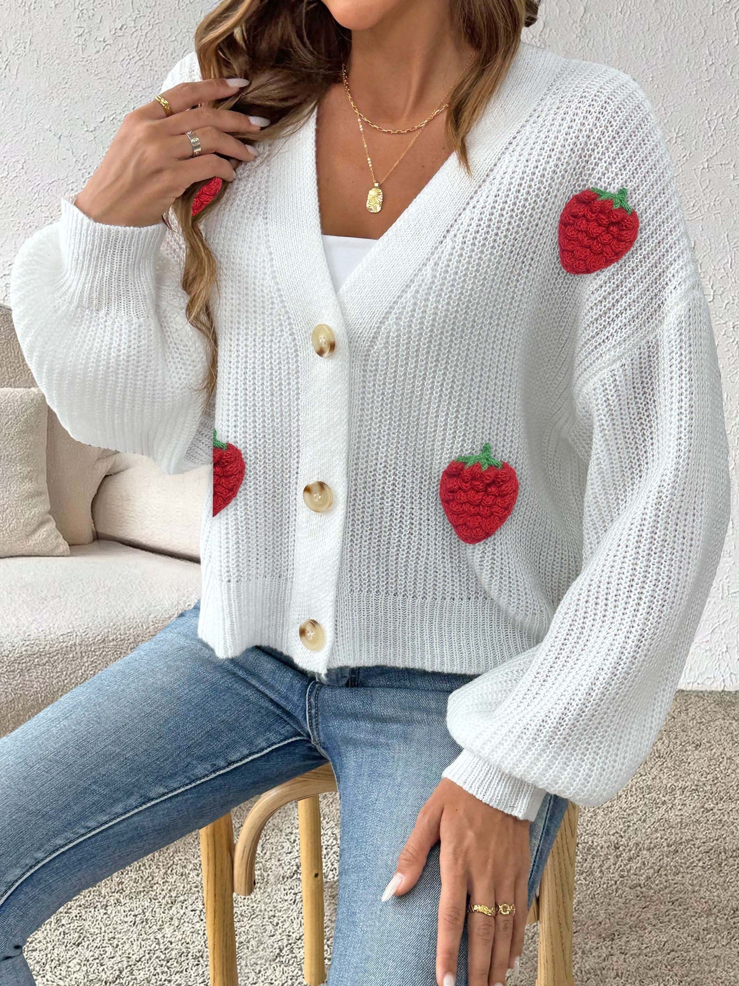 Women's Three-dimensional Strawberry Stitching Cute Cardigan Button Coat
