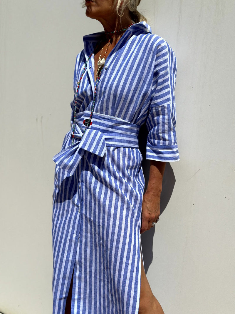 Mid-length Five-quarter Sleeve Striped Cardigan Lapel Shirt Dress
