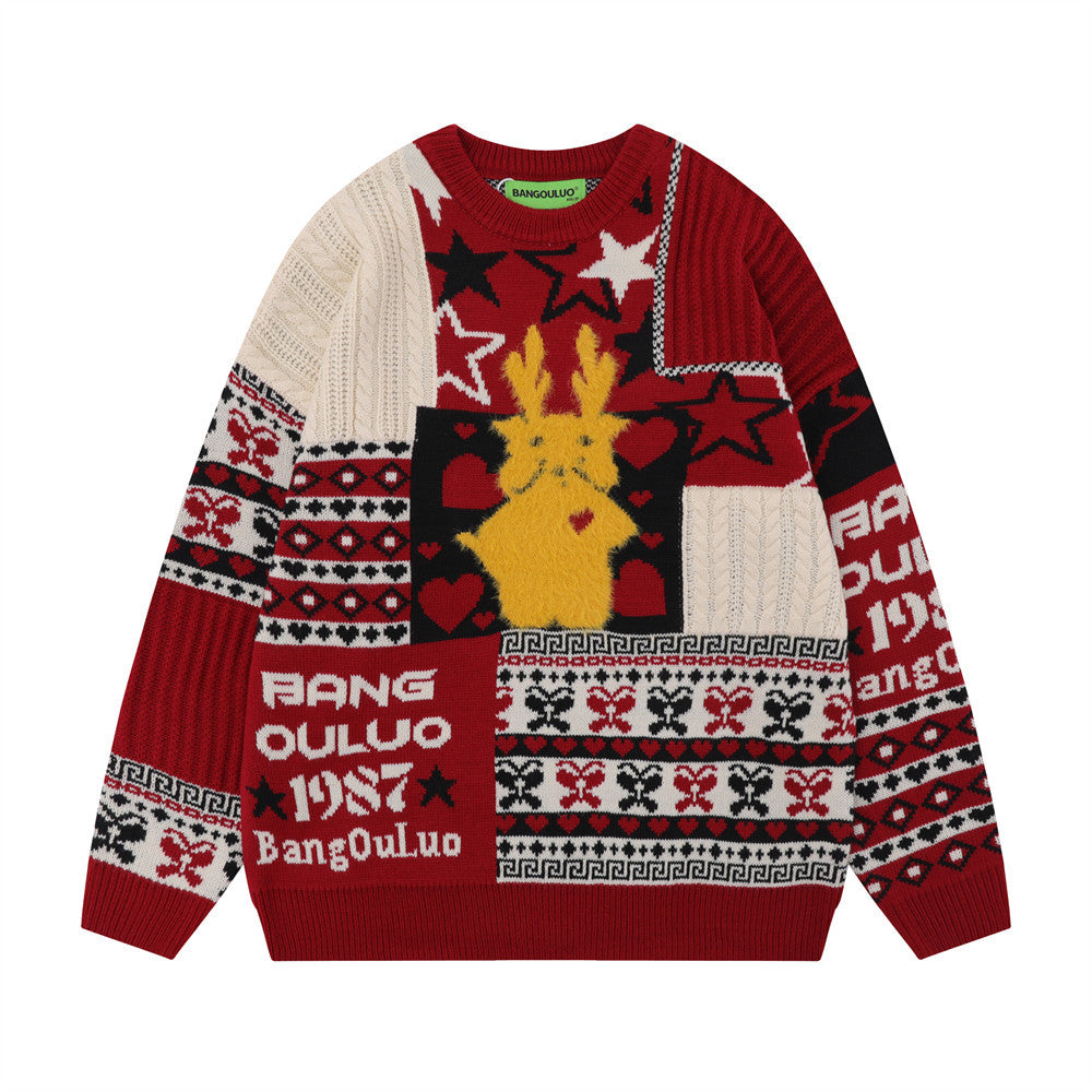 Christmas Cartoon Contrasting Color Jacquard Pullover Sweater