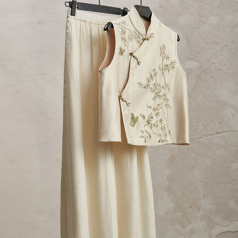 Elegant New Chinese-style Set Bamboo Embroidery Slanted Placket Stand Collar Vest Top