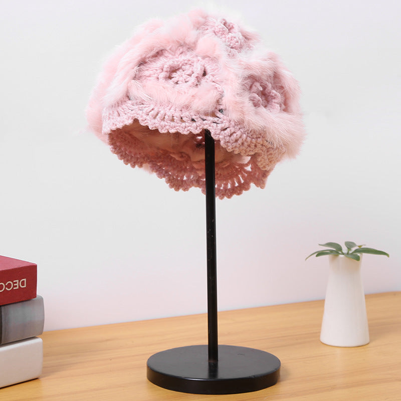 Handmade Rabbit Fur Straw Hat Female White Fur Hat Knitted Woolen Cap