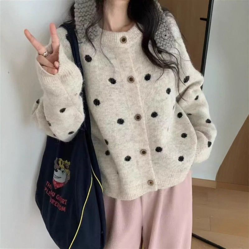 Loose Casual Sweater Polka Dot Round Neck Button Women's Sweater