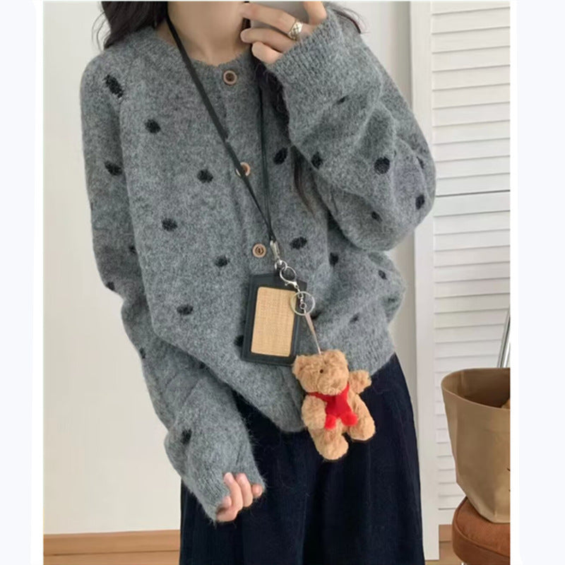 Loose Casual Sweater Polka Dot Round Neck Button Women's Sweater