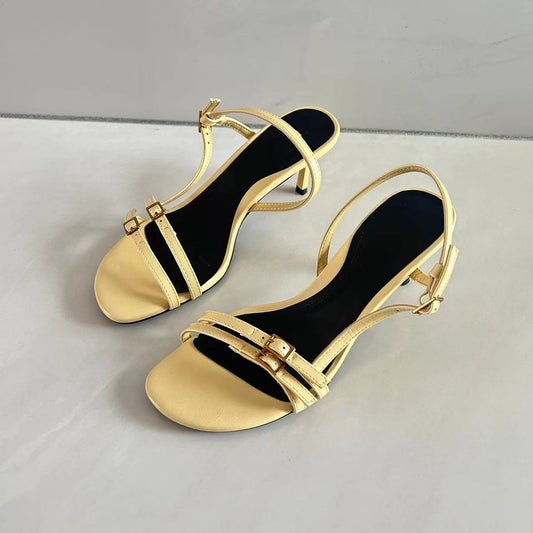 Summer New Women's Shoes Yellow Word Fashion Buckle High Heels