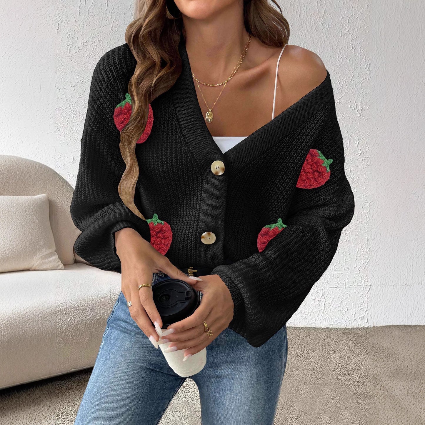 Women's Three-dimensional Strawberry Stitching Cute Cardigan Button Coat