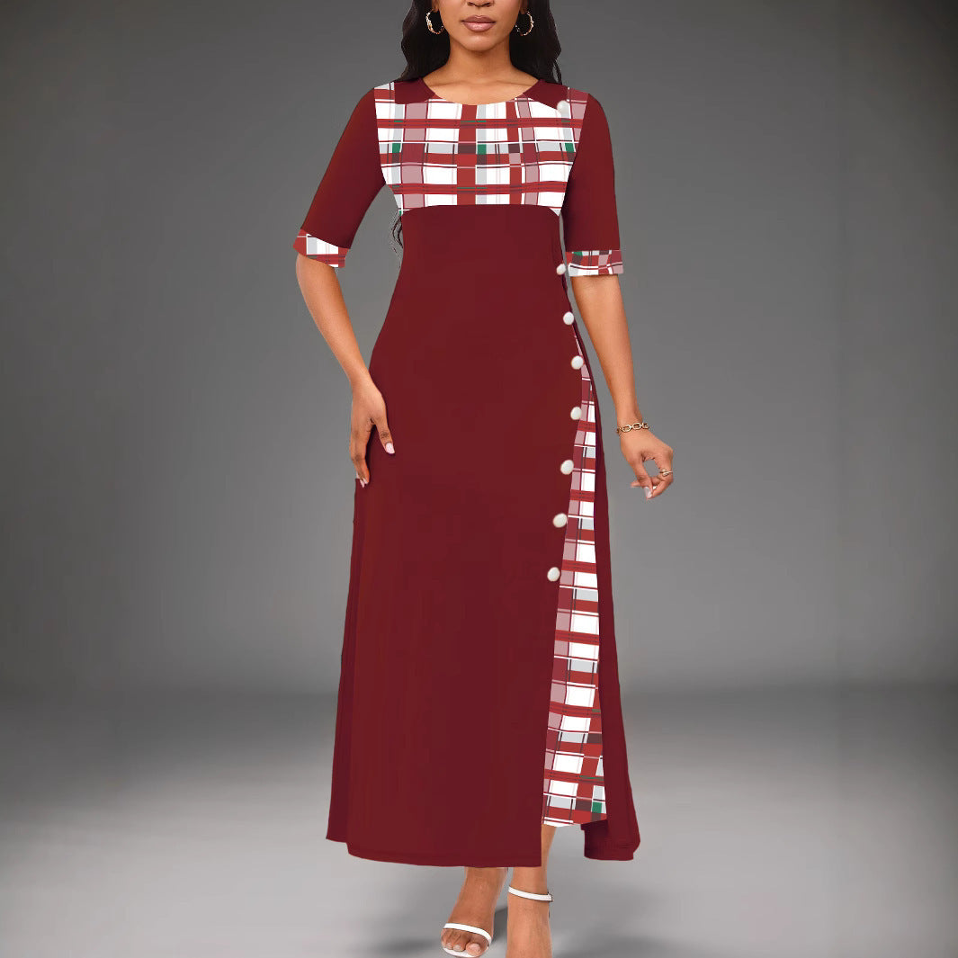 Round Neck Contrast Medium Sleeve Long Dress