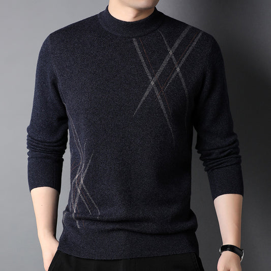 Mens Simple Versatile Long-Sleeve Striped Crew-Neck Casual Sweater