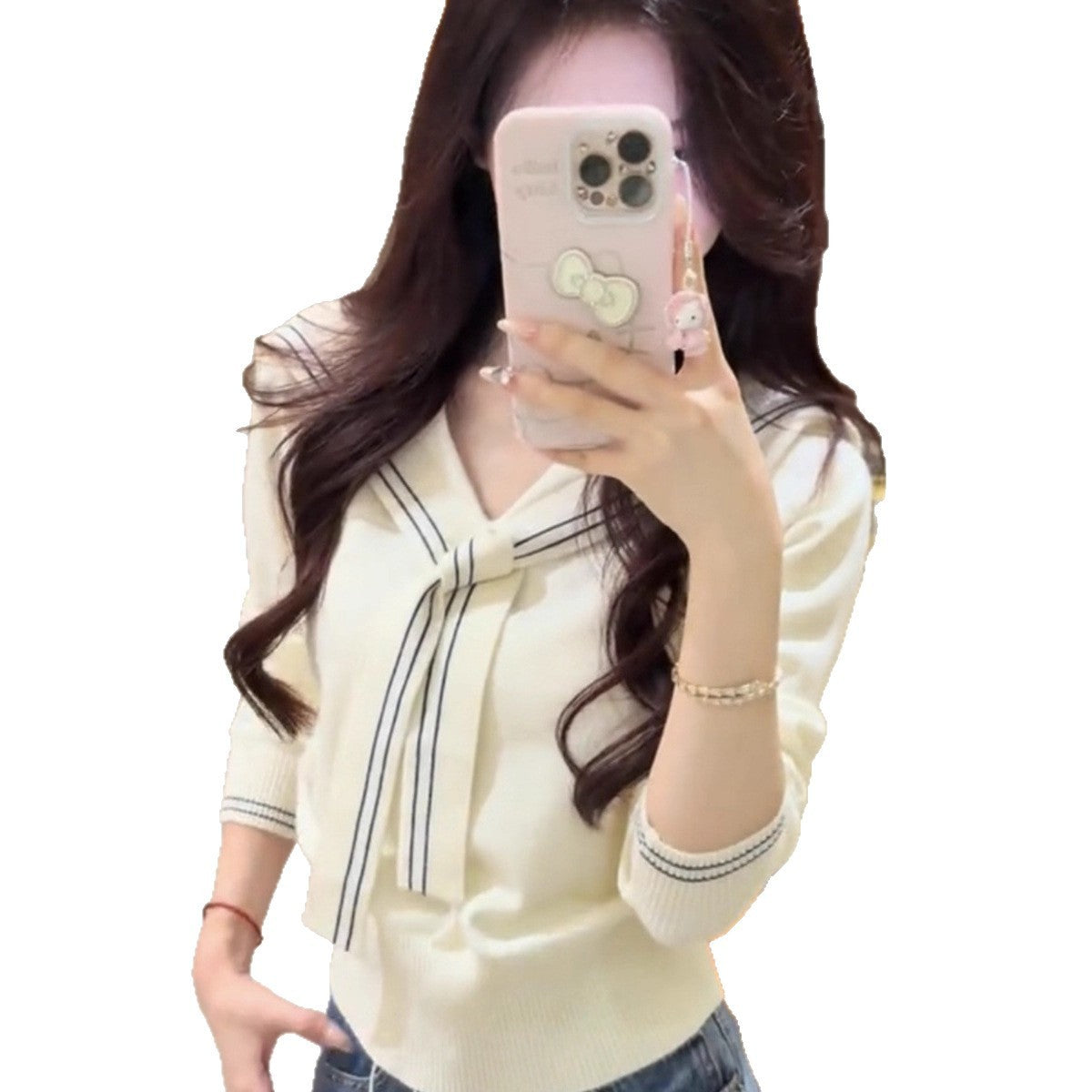Sailor Collar Lace-up Striped Knitted Coat Women's Sweater