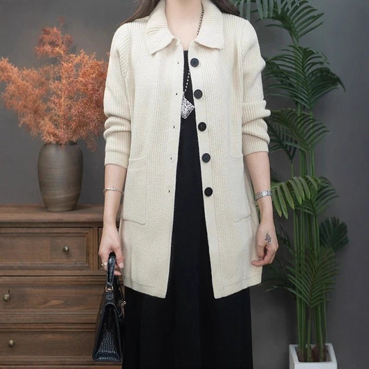 High Polo Collar Women's Sweater Single-breasted Knitted Cardigan