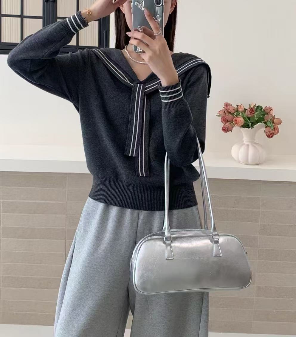 Sailor Collar Lace-up Striped Knitted Coat Women's Sweater