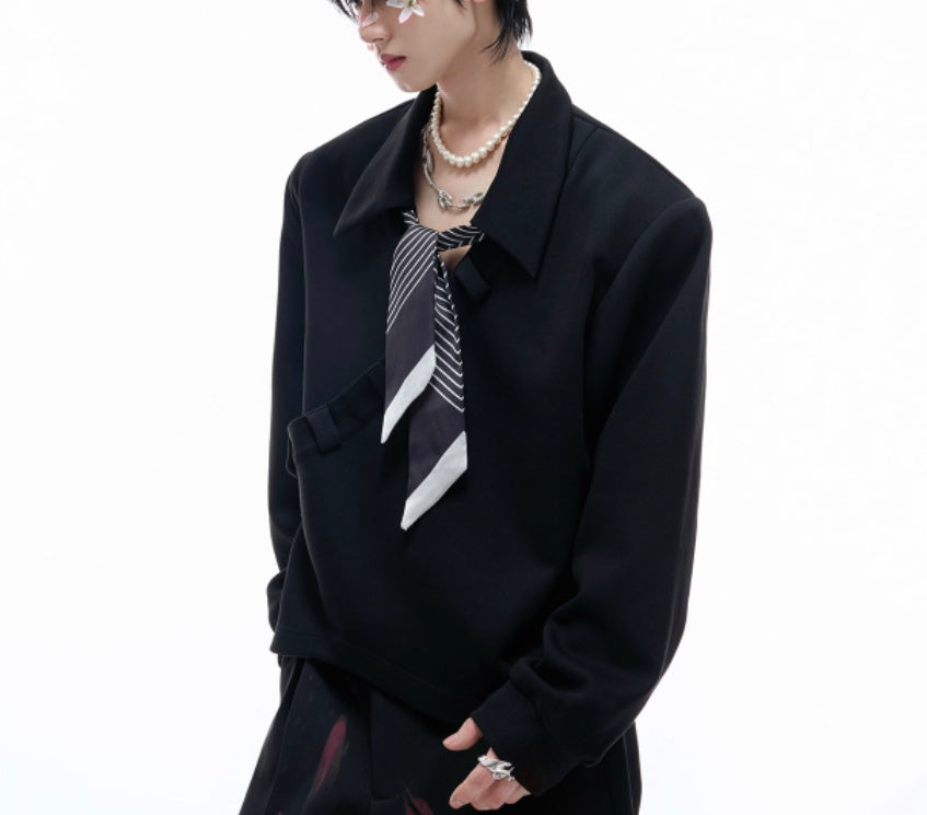V-neck Patchwork Polo Shirt Loose High-end Long-sleeved Sweater